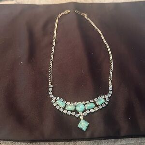 Vintage Aqua moon-glow blue rhinestones  w silver tone chain